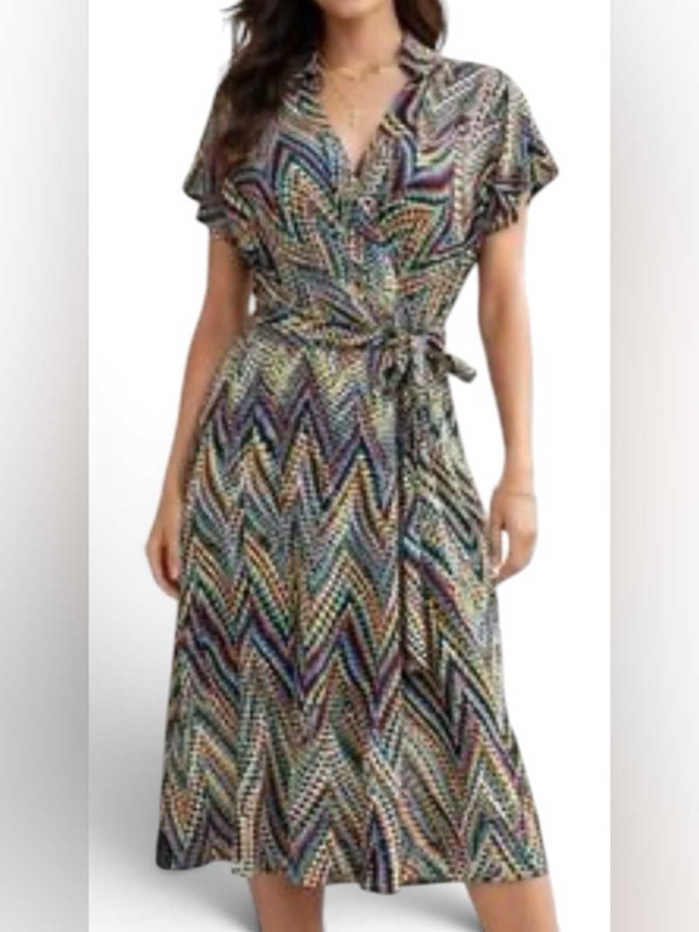 Donna Ricco Chevron Multi-Color Cap Sleeve V-Neck Wrap Classic Midi Dress Sz XL